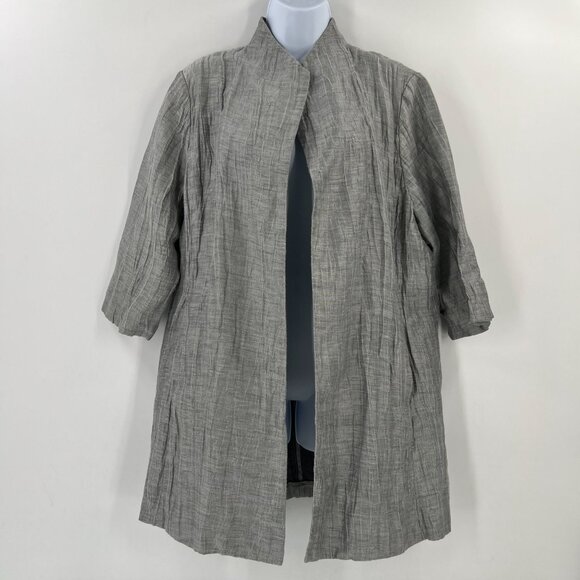 Eileen Fisher L Minimalist Crinkle Jacket 3/4 Sleeve Mandarin Collar Linen Blend - Picture 1 of 14